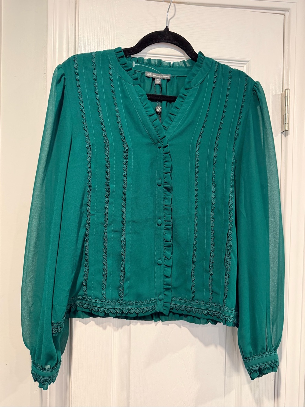NWT Adrianna Papell Size M Green Ruffle V Neck Lace Trim Button Front Blouse